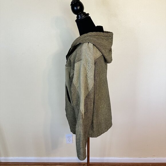 Womens Tan Jacket Zip Up Large Weave Yellow Brown Black Lining Hood Work Wear - Picture 7 of 10